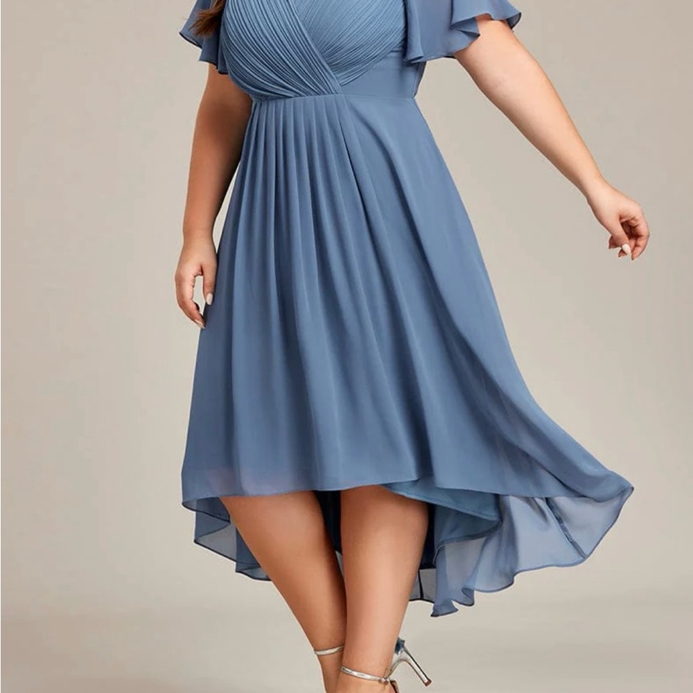 ***NEW*** Chic V Neck Asymmetrical Hem Ruffles Sleeve Pleated Chiffon Dress